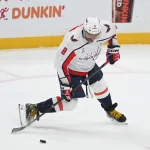 Apr 11, 2026; Pittsburgh, Pennsylvania, USA; Washington Capitals left wing Alex Ovechkin (8) shoots the puck against the Pittsburgh Penguins during the second period at PPG Paints Arena.