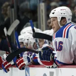 Feb 20, 2007; E. Rutherford, NJ, USA; FILE PHOTO; New York Rangers forward Sean Avery (16) on the bench against the New Jersey Devils at the Meadowlands Arena.