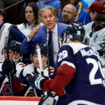 Apr 5, 2026; Denver, Colorado, USA; Colorado Avalanche head coach Jared Bednar on the bench in the first period against the St. Louis Blues at Ball Arena. : I