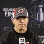 Jun 3, 2026; Raleigh, North Carolina, USA; Carolina Hurricanes head coach Rod Brind'Amour during a press conference for the 2026 Stanley Cup Final at Lenovo Center.