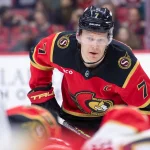 Apr 9, 2026; Ottawa, Ontario, CAN; Ottawa Senators left wing Brady Tkachuk (7) gets in position for a face off in the first period against the Florida Panthers at the Canadian Tire Centre.