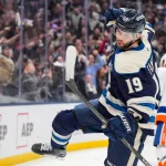 Feb 28, 2026; Columbus, Ohio, USA; Columbus Blue Jackets center Adam Fantilli (19) celebrates scoring a goal against the New York Islanders in the second period at Nationwide Arena.