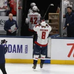 Apr 14, 2026; Columbus, Ohio, USA; Washington Capitals left wing Alex Ovechkin (8) salutes the fans as he leaves the ice after the game against the Columbus Blue Jackets at Nationwide Arena.