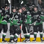 Apr 20, 2026; Dallas, Texas, USA; Dallas Stars defenseman Thomas Harley (55) and defenseman Nils Lundkvist (5) and left wing Jason Robertson (21) and right wing Mikko Rantanen (96) and center Mavrik Bourque (22) celebrates a goal scored by Robertson during the game between the Stars and the Wild in game two of the first round of the 2026 Stanley Cup Playoffs at American Airlines Center.