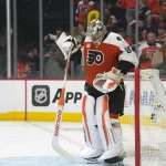 May 9, 2026; Philadelphia, Pennsylvania, USA; Philadelphia Flyers goaltender Dan Vladar (80) reacts after losing to the Carolina Hurricanes in game four of the second round of the 2026 Stanely Cup Playoffs at Xfinity Mobile Arena.