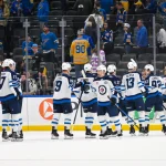 Apr 9, 2026; St. Louis, Missouri, USA; Winnipeg Jets celebrate after they defeated the St. Louis Blues at Enterprise Center.