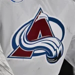 Nov 29, 2024; Dallas, Texas, USA; A view of the Avalanche logo on the jersey of Colorado goaltender Alexandar Georgiev (40) during the game between the Dallas Stars and the Colorado Avalanche at American Airlines Center.
