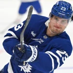 Sep 19, 2026; Toronto, Ontario, CAN; Toronto Maple Leafs forward Matthew Knies (23) warms up before playing the Montreal Canadiens at Scotiabank Arena.