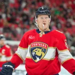 Sep 22, 2026; Raleigh, North Carolina, USA; Florida Panthers left wing Brady Tkachuk (8) looks on against the Carolina Hurricanes during the second period at Lenovo Center.