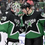 Apr 20, 2026; Dallas, Texas, USA; Dallas Stars goaltender Jake Oettinger (29) and right wing Mikko Rantanen (96) celebrate the win over the Minnesota Wild in game two of the first round of the 2026 Stanley Cup Playoffs at American Airlines Center.