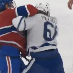 Bataille entre Michael Pezzetta, des Maple Leafs de Toronto, et Lucas Condotta, du Canadien de Montréal.