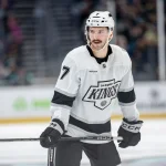 Jan 18, 2025; Seattle, Washington, USA; Los Angeles Kings defenseman Kyle Burroughs (7) is pictured during a game against the Seattle Kraken at Climate Pledge Arena.