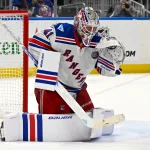 Jan 28, 2026; Elmont, New York, USA; New York Rangers goaltender Spencer Martin (41) makes a save against the New York Islanders during the second period at UBS Arena.