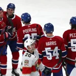 Apr 29, 2022; Montreal, Quebec, CAN; Montreal Canadiens center Tyler Pitlick (24) celebrates his goal against Florida Panthers with teammates during the third period at Bell Centre.