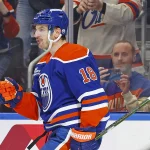 Mar 28, 2026; Edmonton, Alberta, CAN; Edmonton Oilers forward Zach Hyman (18) celebrates scoring a goal into an empty net to clinch a 4-2 win over the Anaheim Ducks at Rogers Place.