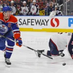 Nov 10, 2025; Edmonton, Alberta, CAN; Edmonton Oilers forward Connor McDavid (97) scores a goal during the third period against Columbus Blue Jackets goaltender Jet Greaves (73) (not shown) at Rogers Place.