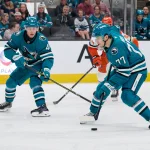 Sep 24, 2026; San Jose, California, USA; San Jose Sharks center Michael Misa (77) and left wing Ivar Stenberg (41) skate on offense against the Anaheim Ducks during the second period at SAP Center at San Jose.