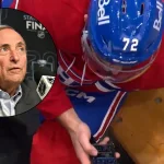 Arber Xhekaj, qui consulte un téléphone au banc des punitions pour voir Florian Xhekaj jeter les gants, en direct du Centre Bell pendant un match du Canadien de Montréal (bulle Gary Bettman).