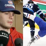 L'attaquant du Canadien de Montréal, Jake Evans, en conférence de presse devant les médias - 2 juin 2021; Winnipeg, Manitoba, Canada; Mark Scheifele (55), centre des Jets de Winnipeg, met en échec Jake Evans (71), centre des Canadiens de Montréal, en troisième période du premier match de la deuxième ronde des séries éliminatoires de la Coupe Stanley 2021 au Bell MTS Place.