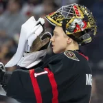 Jan 13, 2026; Ottawa, Ontario, CAN; Ottawa Senators goalie Leevi Merilainen (1) in the second period against the Vancouver Canucks at the Canadian Tire Centre.