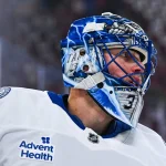 Apr 26, 2026; Montreal, Quebec, CAN; Tampa Bay Lightning goalie Jonas Johansson (31) looks on during warm-up before the game against the Montreal Canadiens in game four of the first round of the 2026 Stanley Cup Playoffs at Bell Centre.