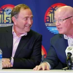 Feb 4, 2023; Sunrise, Florida, USA; NHL commissioner Gary Bettman (left) and NHL deputy commissioner Bill Daly (right) talk to the media before the 2023 NHL All-Star Game at FLA Live Arena.