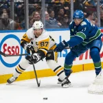 Jan 25, 2026; Vancouver, British Columbia, CAN; Vancouver Canucks forward Filip Chytil (72) stick checks Pittsburgh Penguins forward Sidney Crosby (87) in the third period at Rogers Arena.