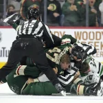 Jamie Benn and Marcus Foligno ignite massive Stars-Wild line brawl Sep 25, 2026; Saint Paul, Minnesota, USA; Dallas Stars forward Jamie Benn (14) and Minnesota Wild forward Marcus Foligno (17) collide with Minnesota Wild forward Michael McCarron (47) and Dallas Stars forward Justin Hryckowian (49) while both groups were fighting during the third period at Grand Casino Arena. Mandatory Credit: Nick Wosika-Imagn Images
