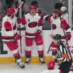 Jun 9, 2026; Las Vegas, Nevada, USA; Carolina Hurricanes right wing Jackson Blake (53) celebrates with defenseman Alexander Nikishin (21) and center Logan Stankoven (22) after a goal during the 1st period against the Vegas Golden Knights in game four of the 2026 Stanley Cup Final at T-Mobile Arena.