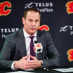 Jan 30, 2025; Calgary, Alberta, CAN; Calgary Flames general manager Craig Conroy during interview after the game against the Anaheim Ducks at Scotiabank Saddledome