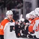 Sep 22, 2026; Boston, Massachusetts, USA; Philadelphia Flyers center Jacob Gaucher (78) celebrates his goal with his teammates during the first period against the Boston Bruins at TD Garden.