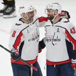 Apr 11, 2026; Pittsburgh, Pennsylvania, USA; Washington Capitals left wing Alex Ovechkin (8) celebrates an empty net goal against the Pittsburgh Penguins with right wing Tom Wilson (43) during the third period at PPG Paints Arena.