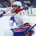 Apr 29, 2026; Tampa, Florida, USA; Montreal Canadiens center Kirby Dach (77) reacts after scoring a goal against the Tampa Bay Lightning in the second period during game five of the first round of the 2026 Stanley Cup Playoffs at Benchmark International Arena.