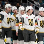 Sep 22, 2026; San Jose, California, USA; Vegas Golden Knights defenseman Colton Sissons (10, center) chats with defenseman Kaedan Korczak (6), center Tanner Laczynski (28), right wing Braeden Bowman (42) and defenseman Ville Heinola (14) during the third period at SAP Center at San Jose.