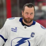 Feb 26, 2026; Raleigh, North Carolina, USA; Tampa Bay Lightning defenseman Victor Hedman (77) looks on during the warmups before the game against the Carolina Hurricanes at Lenovo Center. :