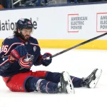 Jan 25, 2025; Columbus, Ohio, USA; Columbus Blue Jackets right wing Kirill Marchenko (86) celebrates his game winning goal in overtime against the Los Angeles Kings at Nationwide Arena.