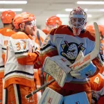 Sep 24, 2026; San Jose, California, USA; Anaheim Ducks goaltender Ville Husso (33) looks on from the tunnel with his teammates before a game against the San Jose Sharks at SAP Center at San Jose.