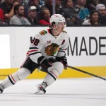 Apr 6, 2026; San Jose, California, USA; Chicago Blackhawks center Connor Bedard (98) looks for the puck against the San Jose Sharks in the first period at SAP Center at San Jose.