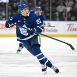 Sep 19, 2026; Toronto, Ontario, CAN; Toronto Maple Leafs forward Gavin McKenna (92) skates into the Montreal Canadiens zone in the third period at Scotiabank Arena.