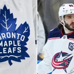 Jan 18, 2025; Montreal, Quebec, CAN; View of a Toronto Maple Leafs logo on a jersey worn by a member of the team during the second period at Bell Centre. Nov 20, 2025; Toronto, Ontario, CAN; Columbus Blue Jackets right wing Kirill Marchenko (86) skates during the warmup before a game against the Toronto Maple Leafs at Scotiabank Arena.