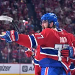 May 10, 2026; Montreal, Quebec, CAN; Montreal Canadiens forward Kirby Dach (77) celebrates with teammates after scoring a goal against the Buffalo Sabres during the third period in game three of the second round of the 2026 Stanley Cup Playoffs at the Bell Centre.