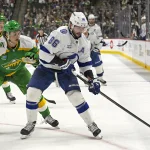 Nov 1, 2024; Saint Paul, Minnesota, USA; Tampa Bay Lightning forward Nikita Kucherov (86) protects the puck from Minnesota Wild defenseman Brock Faber (7) during the third period at Xcel Energy Center.