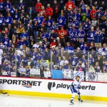 Feb 2, 2026; Calgary, Alberta, CAN; Toronto Maple Leafs right wing William Nylander (88) and center John Tavares (91) skate in front of fans during the warmup period against the Calgary Flames at Scotiabank Saddledome.