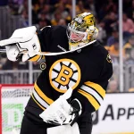 Sep 29, 2026; Boston, Massachusetts, USA; Boston Bruins goaltender Jeremy Swayman (1) drops the puck into his glove during the second period against the New York Rangers at TD Garden.