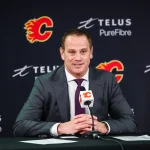 Jan 30, 2025; Calgary, Alberta, CAN; Calgary Flames general manager Craig Conroy during interview after the game against the Anaheim Ducks at Scotiabank Saddledome.