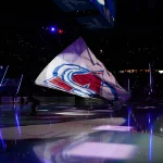 May 22, 2026; Denver, Colorado, USA; The Colorado Avalanche logo is seen on ice prior to a game against the Vegas Golden Knights in game two of the Western Conference Final of the 2026 Stanley Cup Playoffs at Ball Arena.