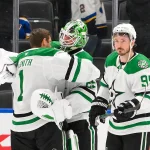 Jan 27, 2026; St. Louis, Missouri, USA; Dallas Stars goaltender Jake Oettinger (29) celebrates with goaltender Casey DeSmith (1) and center Matt Duchene (95) after the Stars defeated the St. Louis Blues at Enterprise Center