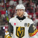 Jun 4, 2026; Raleigh, North Carolina, USA; Vegas Golden Knights center William Karlsson (71) looks on against the Carolina Hurricanes during the first period in game two of the 2026 Stanley Cup Final at Lenovo Center.