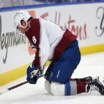 Sep 30, 2026; Denver, Colorado, USA; Colorado Avalanche defenseman Cale Makar (8) pushes Los Angeles Kings defenseman Brandt Clarke (92) after a play in the second period at Ball Arena.