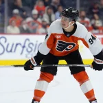 Sep 24, 2026; Philadelphia, Pennsylvania, USA; Philadelphia Flyers right wing Porter Martone (94) reacts against the Boston Bruins in the second period at Xfinity Mobile Arena.